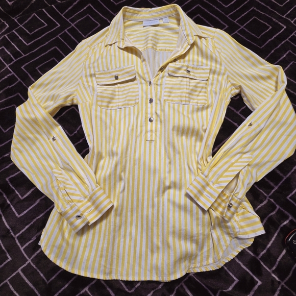 New York & Company Tops - NEW YORK  & COMPANY Yellow Stripe Half Button Long Sleeve Shirt Size XS